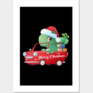 Cute Christmas T Rex Dinosaur In A Car Filled With Gifts Posters and Art
